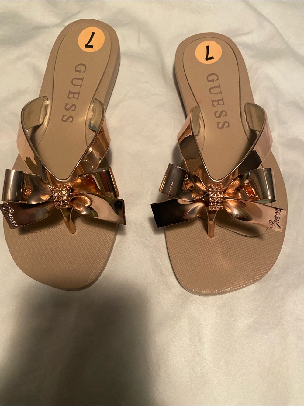 GUESS Rose Gold Bow Slide Sandals
